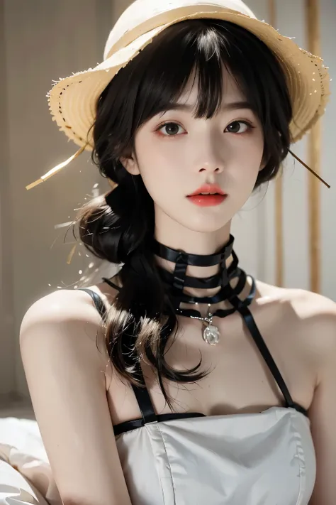 Raped woman in dress with white hat and red lips, pale porcelain white skin, Guweizu, Guweizu masterpiece, artwork in the style of Guweizu, soft portrait 8k, pale young ghost girl, porcelain white skin, by Russell Lu Dongjun, pale milky white porcelain ski...