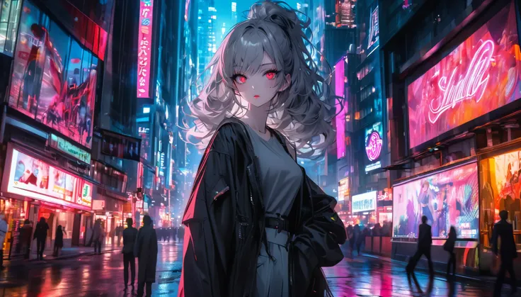 Modern city, night town, neon lights, girl and her shadow, shadow is the demon in the girls mind, tense lens, body of the photo is big city background, bright and fresh photo, beautiful abstract big city and teenage girl character in it. gray hair color, g...