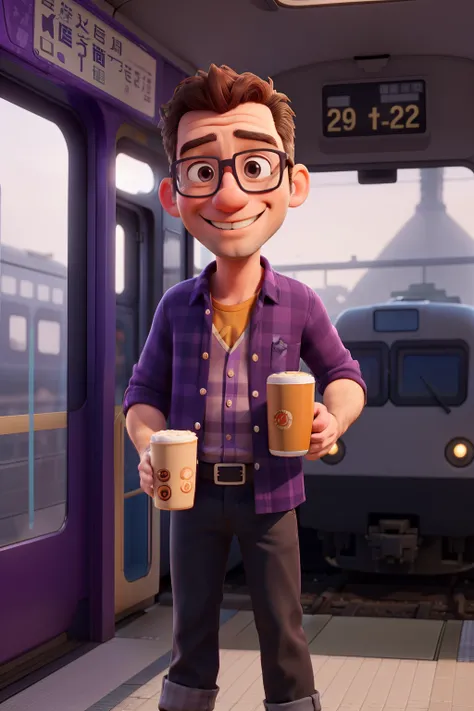 Raising a 40-Year-Old Man, smiling happily, gold rimmed glasses, Holding colorful mug in hand, holding camera in other hand,Purple Check Shirt and Jeans, Brown eyes, The screen is flawless.Tokyo Tower with the train window in the background