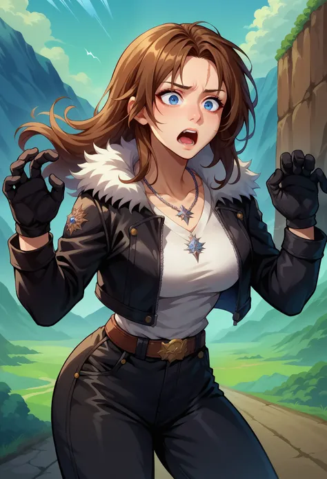 score_9, score_8_up, score_7_up, 1girl, female focus, solo, squall, medium breasts, necklace, brown hair, long hair, gloves, white shirt, blue eyes, shirt, black gloves, jacket, black jacket, fur trim jacket, black pants, belt, scar, diagonal scar,  scar o...