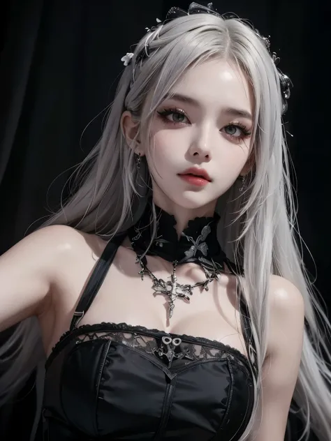 Goth Girl, gray hair, heavy goth makeup, portrait, dark, black corset, armpit, sensual, sexy, laborious