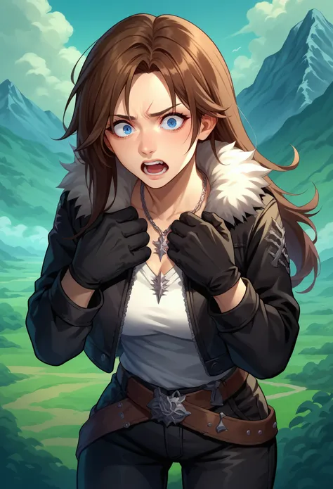 score_9, score_8_up, score_7_up, 1girl, solo, female focus, squall, necklace, brown hair, long hair, gloves, white shirt, blue eyes, shirt, black gloves, jacket, black jacket, fur trim jacket, black pants, belt, scar, diagonal scar,  scar on face, hands on...