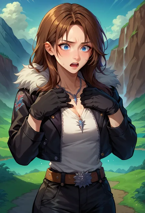 score_9, score_8_up, score_7_up, 1girl, solo, female focus, female body, squall, necklace, brown hair, long hair, gloves, white shirt, blue eyes, shirt, black gloves, jacket, black jacket, fur trim jacket, black pants, belt, scar, diagonal scar,  scar on f...