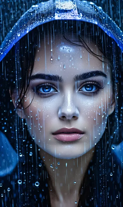 kor, a woman standing in front of a window covered in rain, rain drops on face, raining portrait, close up portrait shot, closeu...