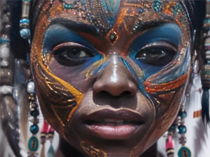 coloured ink in water, Create a generative painting that captures the unique beauty and complexity of punk female Nubian facial features, asian eyes and nose, tribal feathers, tribal beads, tattoos, enamel, ceramic jewellery, trending on artstation, sharp ...