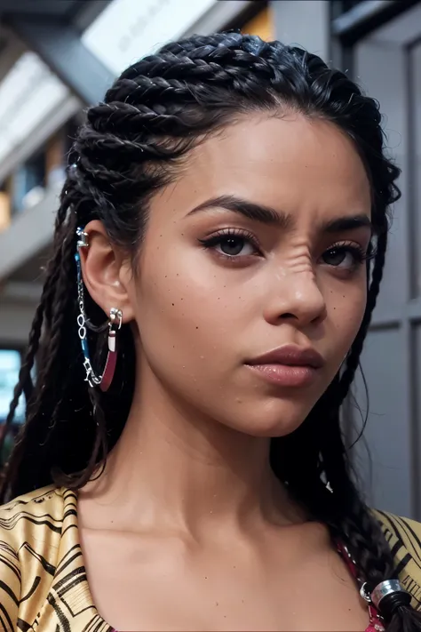 headshot of a bajoran woman, dark skin, dreadlocks, cuff chain earring, dress, indoors,