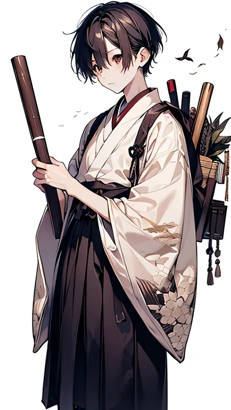 1boy, solo, looking at viewer, hakama, hakama skirt, holding, holding leaf, japanese clothes, joints, kimono, ladder,sleeves, looking down, oversized object, pantyhose, pleated skirt, sepia, short hair, simple background, stairs, standing, sun, tabi, tasse...