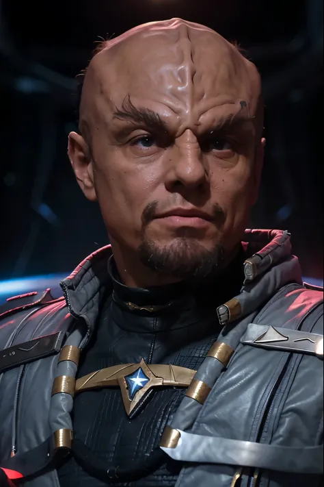 headshot of a klingon man, forehead ridge, thick eyebrows, dark skin, bald, leather armor, sci-fi starship background,