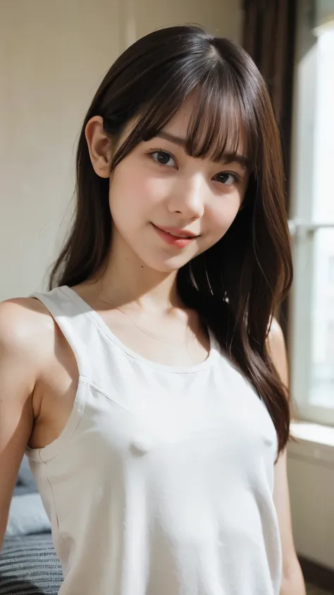 (8k、RAW Photos、Highest quality、masterpiece:1.2)、(Realistic、Realistic)、((Flat Chest、Are thin、Enlarge your face:1.2))、1 girl、((bangs、Bedroom、morning、 bed、smile、stand)、cute