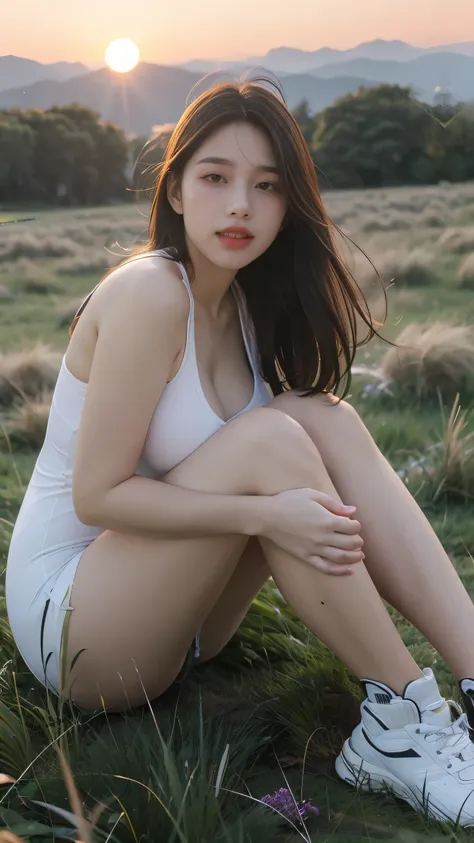 no, Ray Tracing, Radio City, Anisotropic filtration, 16,000, best quality, 1 woman, alone, mature, beautiful mountain climber, Shorts, light singlet, Gradient long hair, laugh、sunset ,((big breasts)) (((grass field))) Sit with your knees raised.
