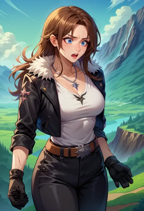 score_9, score_8_up, score_7_up, 1girl, solo, (female:1.5),female focus, female body, squall, necklace, brown hair, long hair, gloves, white shirt, blue eyes, shirt, black gloves, jacket, black jacket, fur trim jacket, black pants, belt,breasts, scar, diag...