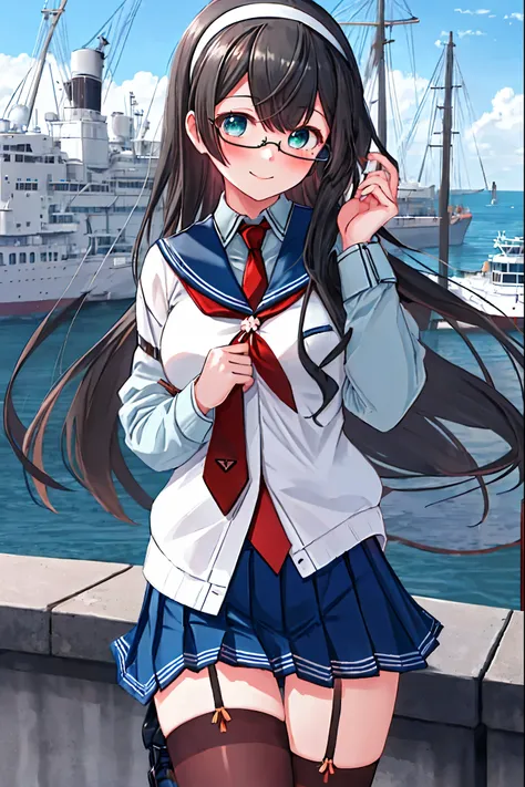 best quality, masterpiece, highres, solo, {ooyodo_kantaicollection:1.15}, black_hair, long_hair, glasses, hairband, semi-rimless_eyewear, under-rim_eyewear, blue_eyes, green_eyes, blush,small_breasts, 1girl, school_uniform, serafuku, pleats_skirt, looking_...