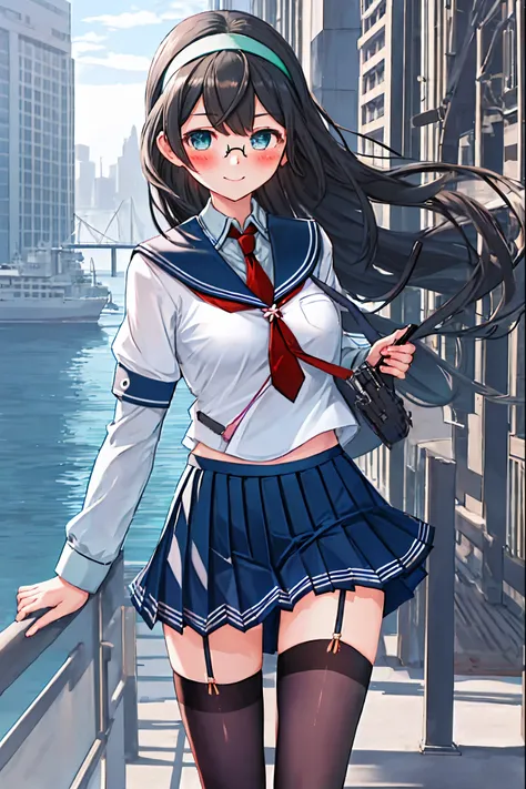 best quality, masterpiece, highres, solo, {ooyodo_kantaicollection:1.15}, black_hair, long_hair, glasses, hairband, semi-rimless_eyewear, under-rim_eyewear, blue_eyes, green_eyes, blush,small_breasts, 1girl, school_uniform, serafuku, pleats_skirt, looking_...