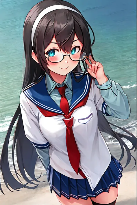best quality, masterpiece, highres, solo, {ooyodo_kantaicollection:1.15}, black_hair, long_hair, glasses, hairband, semi-rimless_eyewear, under-rim_eyewear, blue_eyes, green_eyes, blush,small_breasts, 1girl, school_uniform, serafuku, pleats_skirt, looking_...