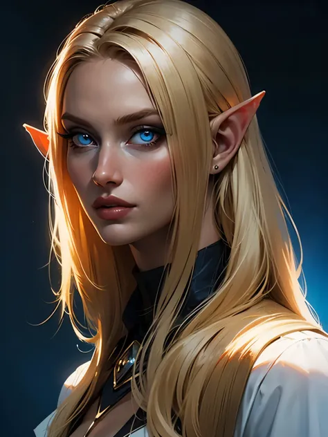 beautiful blond elven woman in her 30s, with blue eyes and striking features, exuding maturity and allure in a seductive pose.(dark-blue background), pointy ears, glowing eyes, beauty, blond long hair,blond short hair ,blond medium hair ,an14