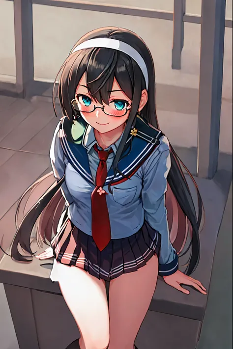 best quality, masterpiece, highres, solo, {ooyodo_kantaicollection:1.15}, black_hair, long_hair, glasses, hairband, semi-rimless_eyewear, under-rim_eyewear, blue_eyes, green_eyes, blush,small_breasts, 1girl, school_uniform, serafuku, pleats_skirt, looking_...