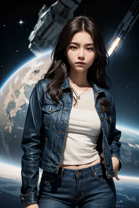 beautiful woman. twenty three years old. dark brown hair. she wears a jacket and jeans. She is looking at the camera with a defiant expression. The space behind her contains images of a huge space battleship and outer space...
