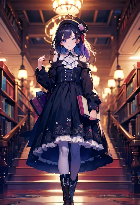 1girl, solo, ascot, backlighting, black dress, blue eyes, blurry, blurry background, book, bookshelf, boots, brown footwear, cha...