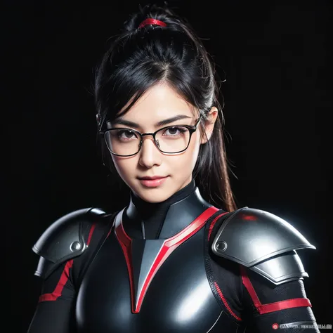 (Highest quality:1.2),(Perfect Beautiful Face 1.2, A kind face, Cool look, Thick eyebrows, Strong-willed eyes, Invincible smile, Glasses),(Perfect and beautiful posture:1.2),(Android female warrior), Muscular body, Short black hair,Clear Eyes,((Red accent ...