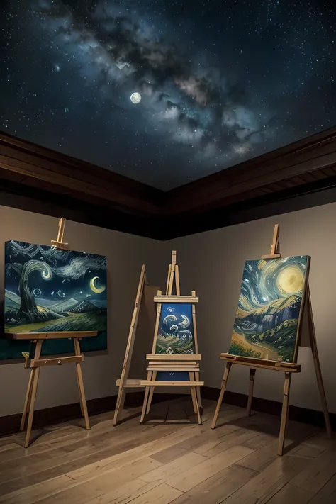 Imagine a painting inspired by Vincent Van Goghs The Starry Night. The scene depicts a canvas on an easel, showcasing the iconic swirling night sky with vibrant blues and yellows. The painting captures the dynamic movement of the stars and moon, with the r...