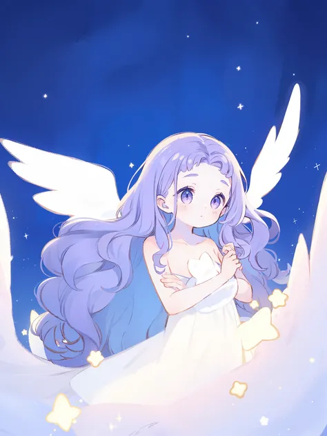 nude angel girl wearing an ethereal translucent dress, pale skin, ((wavy gradient blue purple hair)), white feathers, angel wings, sparkling detailed eyes, golden ratio face, perfect composition, highly detailed, ethereal, (starry night sky background), mi...