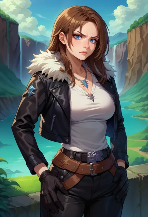score_9, score_8_up, score_7_up, 1girl, solo, (female:1.5),female focus, female body, squall, necklace, brown hair, long hair, gloves, white shirt, blue eyes, shirt, black gloves, jacket, black jacket, fur trim jacket, black pants, belt,breasts, scar, diag...
