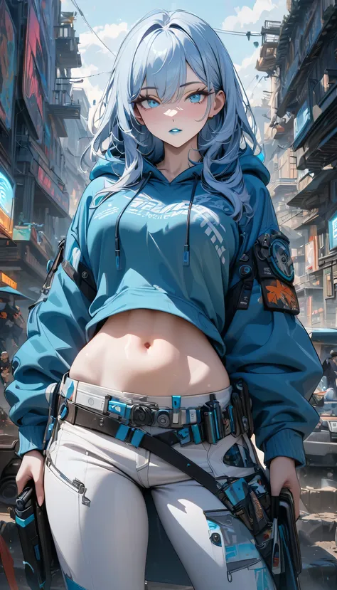 adult woman, long white blue hair, turquoise eyes, blue eyeshadows, white lipstick, blue short hoody, belts with gadgets, open belly, little muscles, white pants, secret agent, seeious, white agent pants, belts with patrons, Masterpiece, best quality, Full...