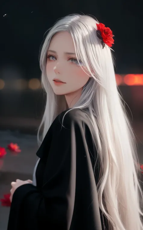 1 girl,alone,1 girl,alone,((beautiful and delicate eyes)), (detailed light),depth of field,(gray hair),silver Eyes,Hair in one eye,(red flower ), hair flower,long hair,black cloak,wet,emotional,looking again,night,shooting star,It's raining,smother,red...