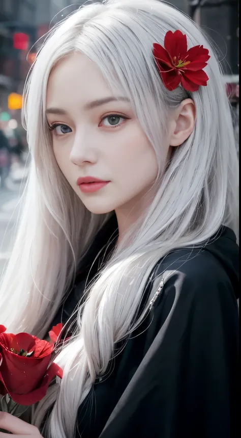 1 woman,alone,1 woman,alone,((beautiful and delicate eyes)), (detailed light),depth of field,(gray hair),silver Eyes,hair above one eye,(red flower ), hair flower,long hair,black cloak,wet,Emotionless,looking again,night,shooting star,elegy,Fog,red flowers...