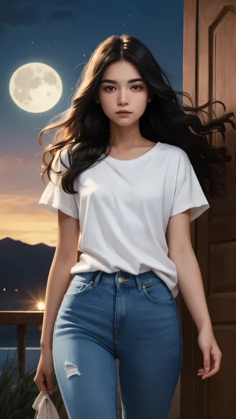 ((best quality)), ((masterpiece)), (detailed), A digital illustration of a long black haired teenage girl opening a door at night with a full moon in the background, with wind blowing her hair and a nervous expression on her face. She is wearing a plain wh...