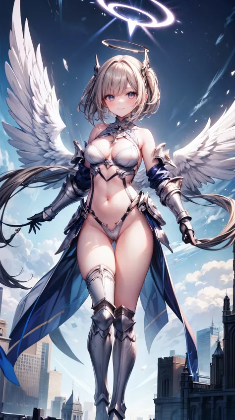 fantasy, 1angel_girl,(young_teen:1.5), ,brown_hair, medium_bob_hair, long_bangs, halo,bare_shoulder,thighhighs,silver_armor, waist_armor, large_breasts,1pair_wings, dynamic_pose_fighting,floating, bare_crotch, headgear,gauntlet, greaves,city_landscape_back...