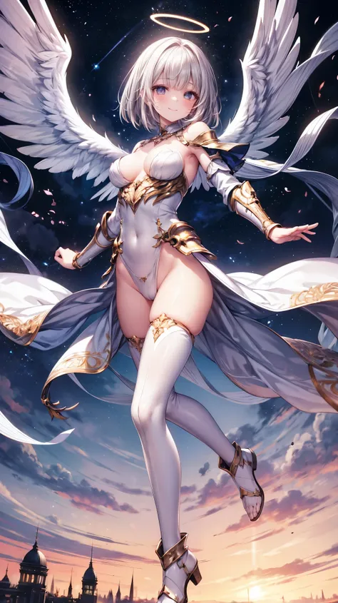 fantasy, 1angel_girl,(young_teen:1.5), ,brown_hair, medium_bob_hair, long_bangs, halo,bare_shoulder,thighhighs,silver_armor, waist_armor, large_breasts,1pair_wings, dynamic_pose_fighting,floating, bare_crotch, headgear,gauntlet, greaves,city_landscape_back...