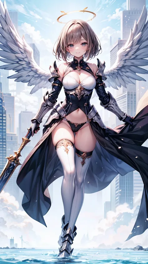 fantasy, 1angel_girl,(young_teen:1.5), ,brown_hair, medium_bob_hair, long_bangs, halo,bare_shoulder,thighhighs,silver_armor, waist_armor, large_breasts,1pair_wings, dynamic_pose_fighting,floating, bare_crotch, headgear,gauntlet, greaves,city_landscape_back...