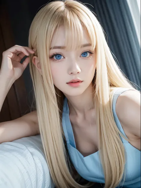 bright expression、photorealism、top quality、Super high resolution、picture、매우 beautiful 북유럽 출신 소녀의 picture、특별한 beautiful 소녀、상세하고 귀엽고 beautiful 얼굴、(pure face_v1:0.008)、beautiful bangs、Alice in Wonderland、14 years、White, glowing skin、Blonde bangs that extend t...