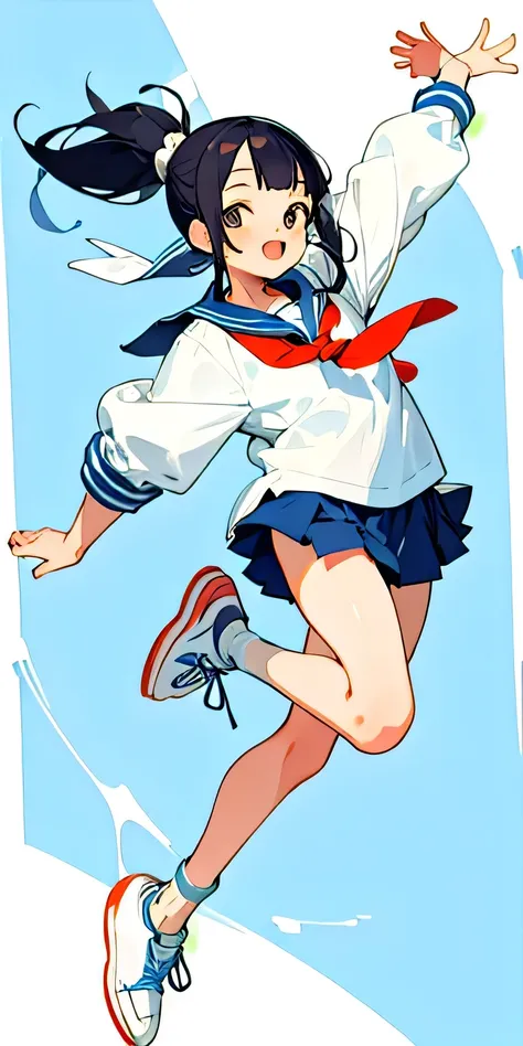 high school girl　ponytail　cute　fine　Sailor suit　whole body　Character portrait　sneakers　smile