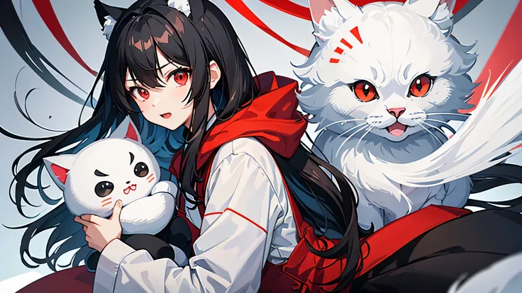 Create an anime-style illustration of a cute character with black hair and red eyes。The character is wearing a black hood、She is holding a grey, mackerel and white cat plush toy.、The overall feel is playful.。The facial expression shows surprise and joy.、It...