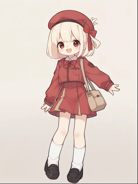 chisato、pretty、smiling、pretty,black beret with red bow、beige uniform with red bow,long beige uniform,black shoes、white socks、beige bag,short red skirt,