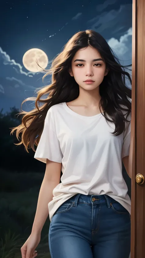 ((best quality)), ((masterpiece)), (detailed), A digital illustration of a long black haired teenage girl opening a door at night with a full moon in the background, with wind blowing her hair and a nervous expression on her face. She is wearing a plain wh...