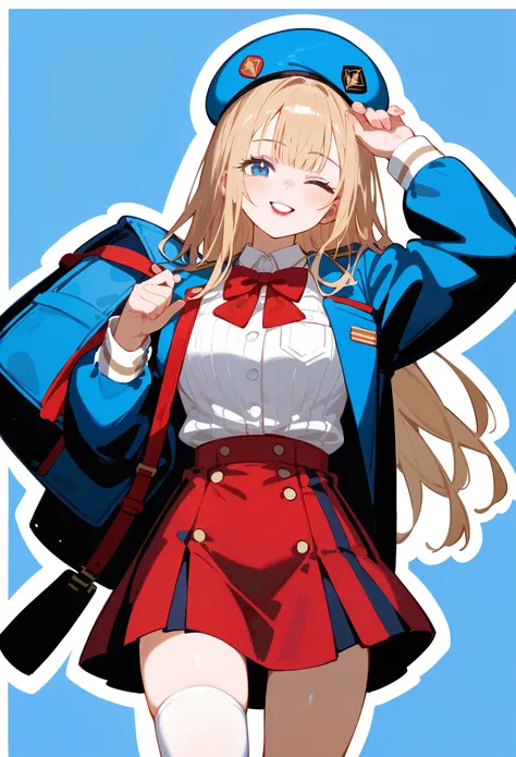 straight bangs、straight hair、light blonde hair、big blue eyes、black beret with red bow、lipgloss、beige uniform with red bow、short red skirt、long beige uniform、black shoes、white socks、 flare、beige bag、tan skin、long hair、white background、wink、standing、long bei...