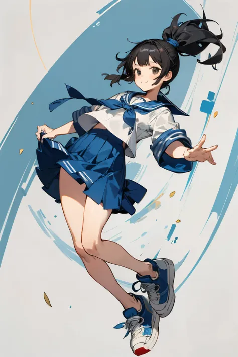 ((Highest quality)), ((masterpiece)), (detailed), Highest quality,Ultra-high resolution,One girl,alone,whole body, Black Hair,black eye,ＪＫ,Blue Sailor Suit,smile,ponytail,No background,sneakers