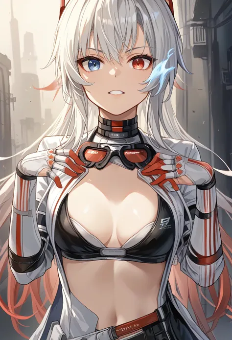 ((heterochromia )) (((double coulored eyes))) solo, white hair, red ribbon, headgear, ponytail, gradient hair, white coat, goggles, goggles around neck, red eyes, blue eyes, black sclera, blue flaming eye, white coat,bra, prosthetic arm, bandaged arm BREAK...