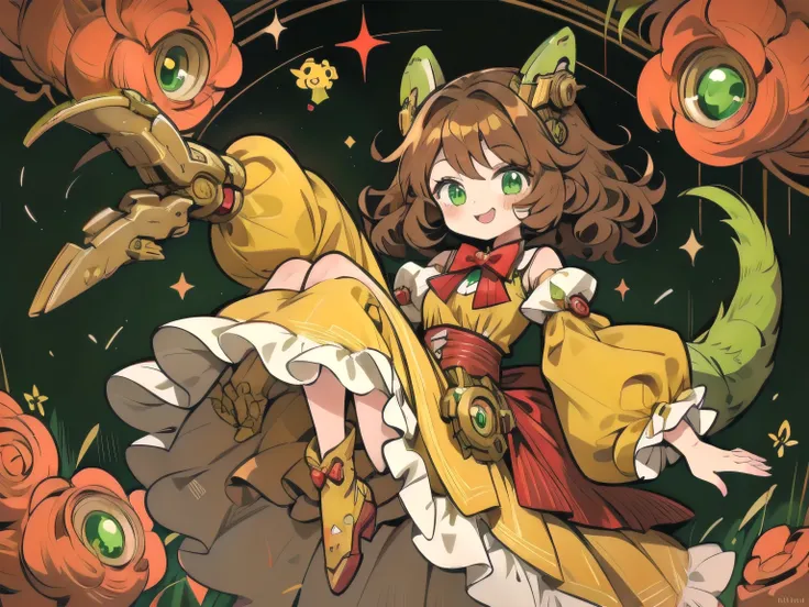 girl, Brown-curly-hair, green eyes, wearing a yellow dress with longs sleeves and red bowtie. (Cyborg), (metallic tail), :3.