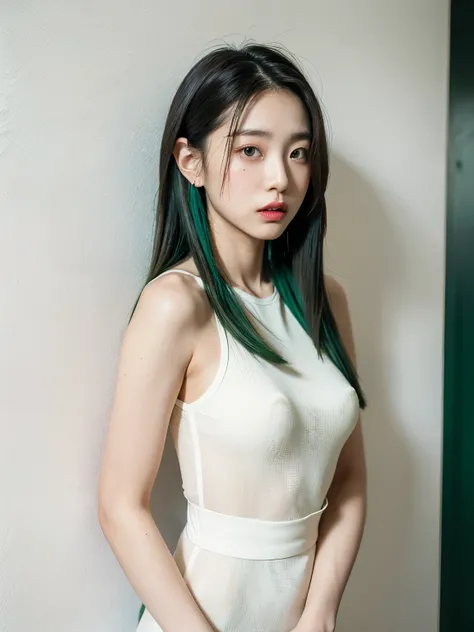 See-through tops、(背景にWhite Wall、Part of her hair is emerald green:1.4)、White Wall、Shot in front of white door、(窓のあるWhite Wallの部屋)、((best quality、8K、masterpiece:1.3))、Ultra-high resolution、(photorealistic:1.4)、RAW photos、Japanese,(detailedface)、real、Shoot i...