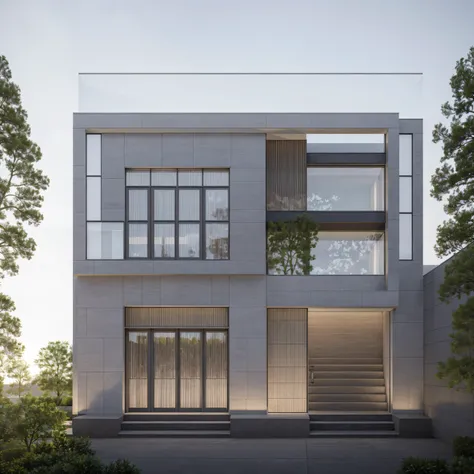 RAW photo, Exterior of two story white modern house, road, ((sidewalk)), ((sidewalk trees)), residences area, day time, tropical trees and plants, (high detailed:1.2), 8k uhd, dslr, soft lighting, high quality, film grain, Fujifilm XT3)