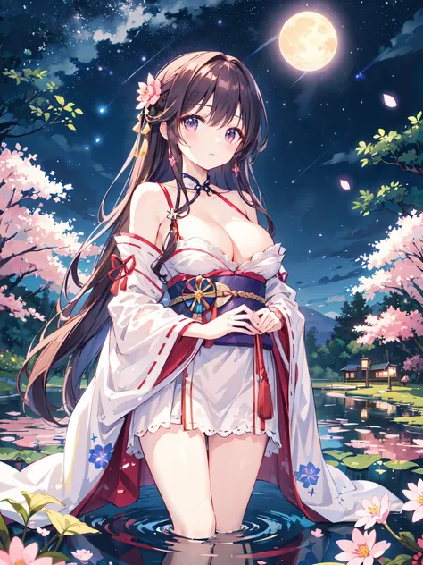 （masterpiece）、(Highest quality)、((Very detailed))、(Very delicate)、Beautiful shiny hair、Beautiful breasts、Gorgeous Japanese clothing、Her shoulders were exposed.、Cleavage、Looking up from below、By the pond at night、Amazing starry sky、Fantastic Moon、Blooming c...