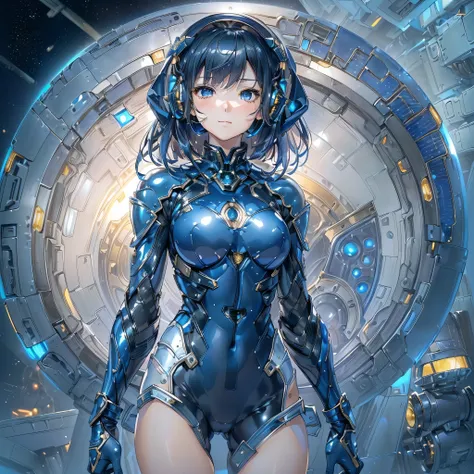 (masterpiece、Highest quality、Highest Resolution、Clear_image、Detailed details、Angle from above): (Whole body、One 20 year old girl、Japanese Faces、Small Face、Slender、Navy blue super short bob cut hair、(Hidden small breasts:1.3)、Sparkling blue eyes、Shiny pilot...