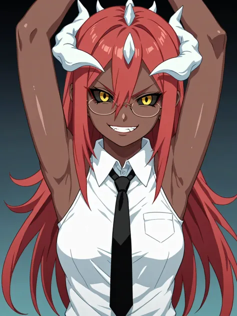 score_9, score_8_up, score_7_up, source_anime, tayuya, red hair, long hair, yellow eyes, white horns, dark skin, glasses, tie, n...