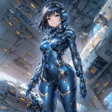 (masterpiece、Highest quality、Highest Resolution、Clear_image、Detailed details、Angle from above): (Whole body、One 20 year old girl、Japanese Faces、Small Face、Slender、Navy blue super short bob cut hair、(Hidden small breasts:1.3)、Sparkling blue eyes、Shiny pilot...