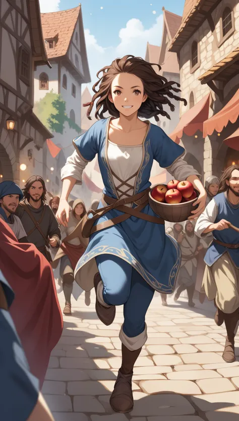 (1girl, female, solo, Human, Caucasian), (_young), (slim, small breasts, beautiful hips, happy face), (black wavy hair, dreadlock haircut), 
(Dungeons and Dragons, character), (Thief), (running, chased), 
(medieval top cloth, medieval cloth pans , shoes), ...