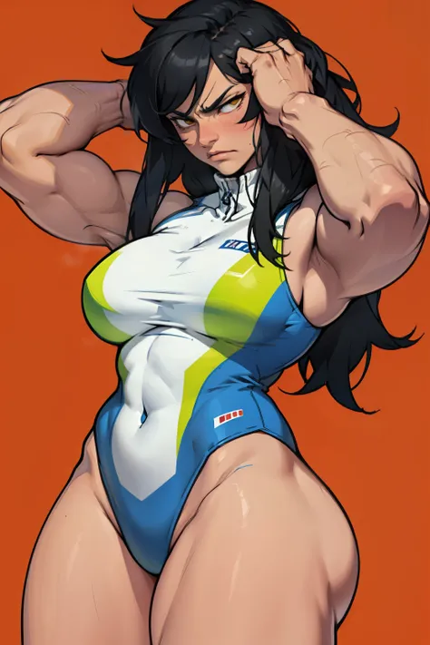 serious look sad empty eyes collant gymnast thick thick thick massive breasts muscular girl black hair yellow eyes pale skin